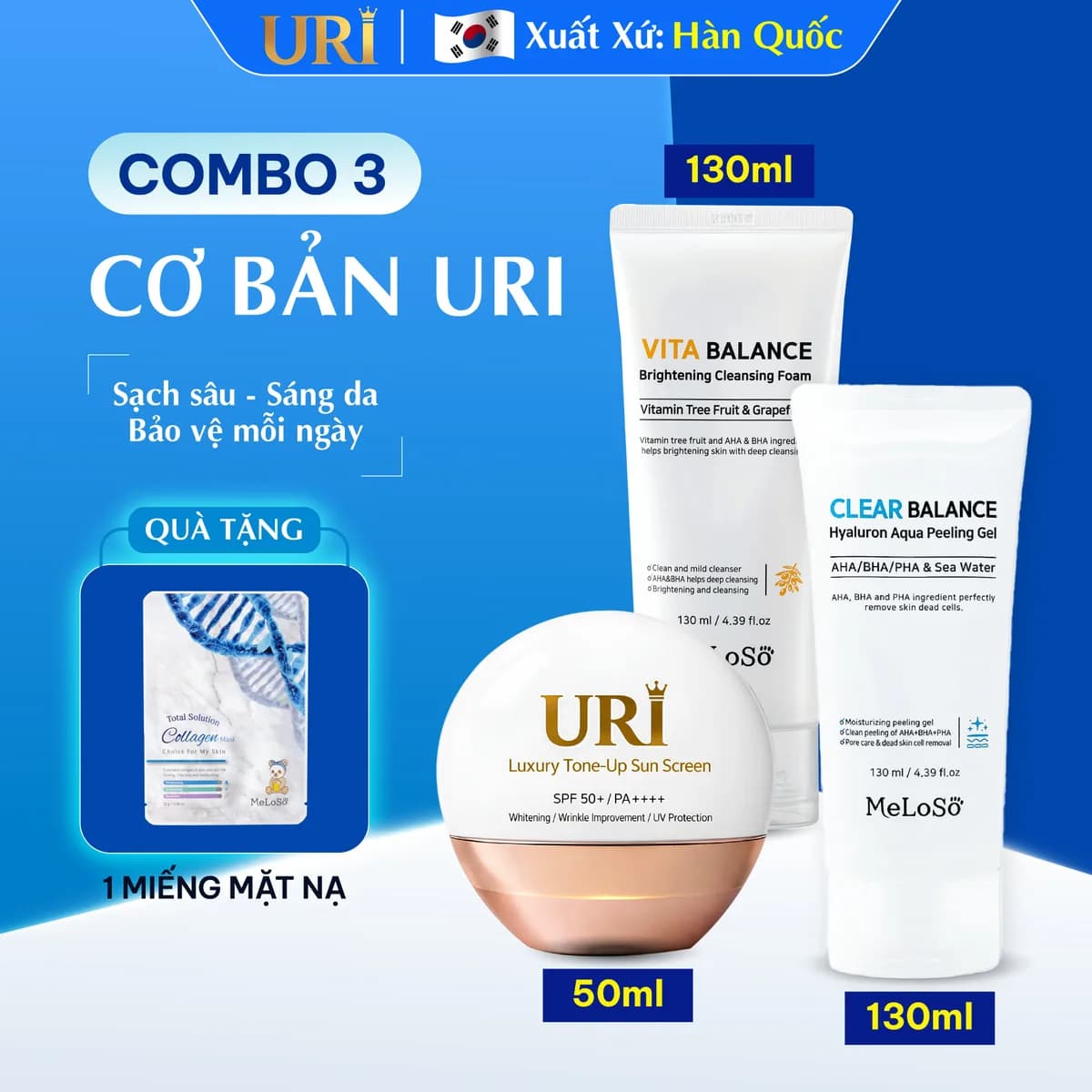 Combo 3 Cơ Bản URI – Làm Sạch & Bảo Vệ Da Hằng Ngày